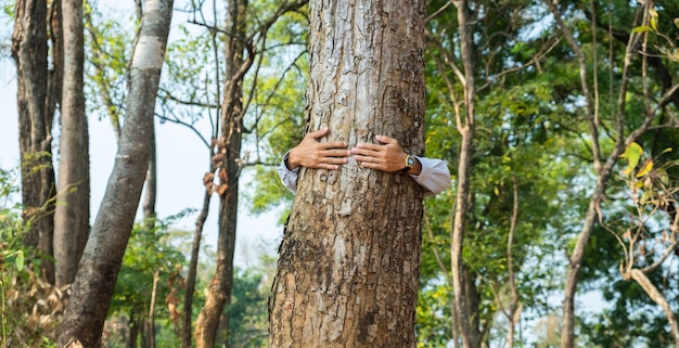 Amante della natura che abbraccia albero con muschio verde nella foresta di boschi tropicali concetto amore ambiente naturale