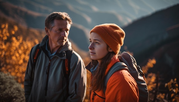 Nature loving couple hikes mountain enjoying winter adventure generated by AI