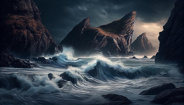 Nature majestic waves crash on rocky cliffs generative AI