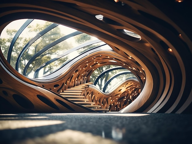 Photo nature meets architecture a biophilic design pathway with wooden arches and plants