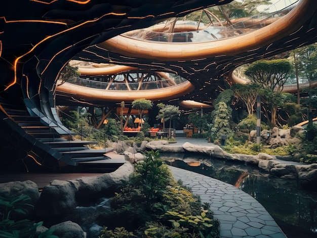 Nature meets architecture a biophilic design pathway with wooden arches and plants