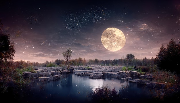 호수 나무와 바위가 있는 들판 위에 별이 있는 하늘의 밤 보름달의 자연