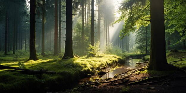 Photo nature outdoor forest with sun lights rays background adventure realxing