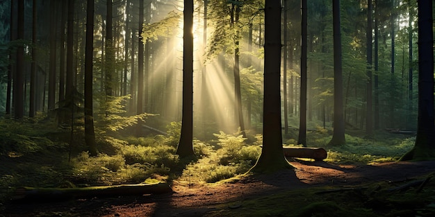 Nature outdoor forest with sun lights rays background Adventure realxing