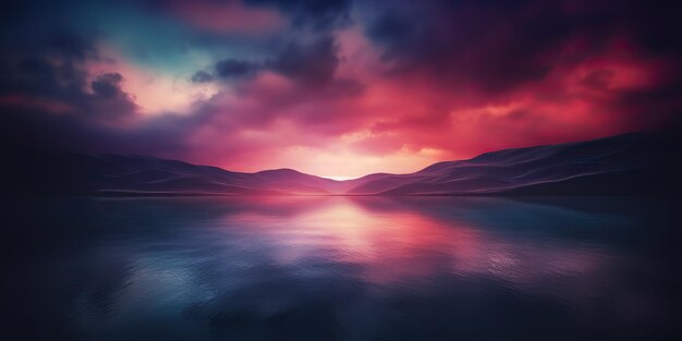 Nature outdoor sunset over lake sea with mountains hills landscape bacgkround