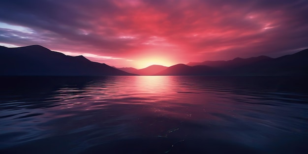 Nature outdoor sunset over lake sea with mountains hills landscape bacgkround