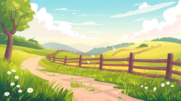 Nature panorama of rural area Farm pasture farmland grassland behind fence Spring and summer background of ranch grass path sky and clouds Flat modern illustration