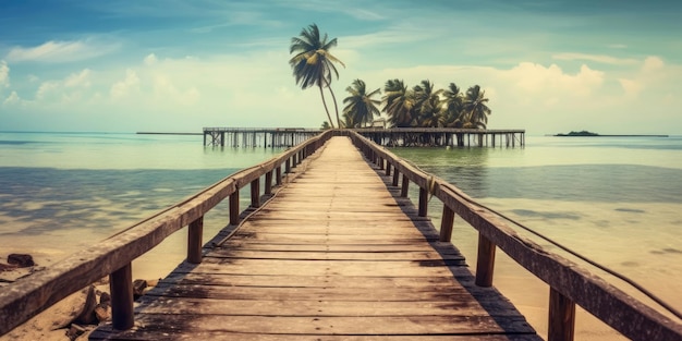 Панорамный ландшафт природы Удивительная панорама песчаный тропический пляж с силуэтом кокосовой пальмы в кристально чистом море и пейзаже деревянный мост за горизонтом Пальма и тропический пляж
