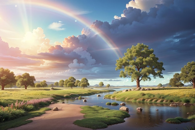 Nature park scene background with rainbow in the sky