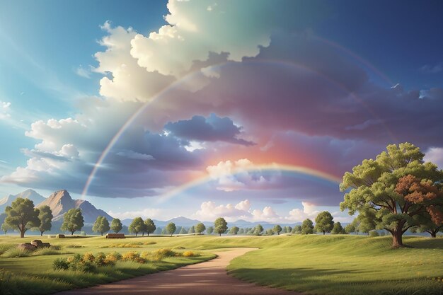 Nature park scene background with rainbow in the sky