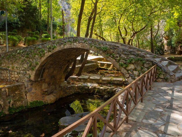 Nature park with a river and waterfalls in the Greek village Livadia is a popular vacation in Greece