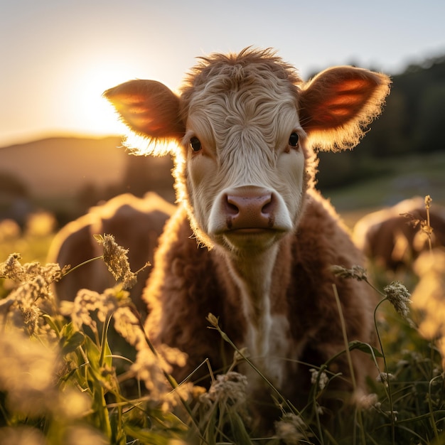 Nature Photography of a cow peacefully grazing in a green meadow as the sun begins to set