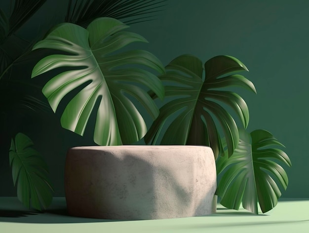 Nature rock pedestal with tropical palm leafs and shadow on green background aigenerated artwork