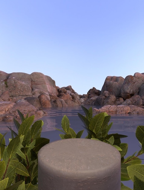 Nature rock podium in the sea 3d render