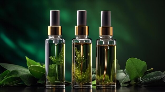 Nature's Aromatherapie Drie flessen etherische oliën met verse bladeren op een rustieke tafel GenerativeAI