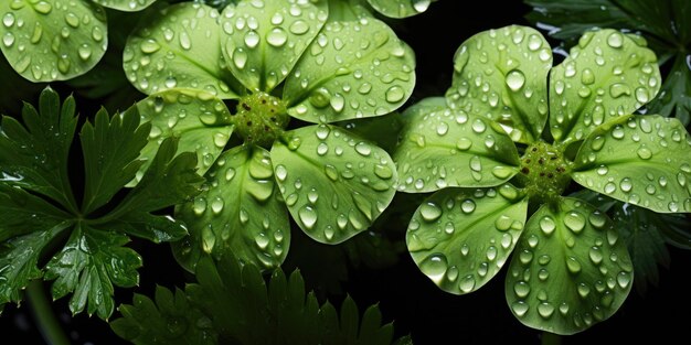 Nature's Art Herbs and Leaves with Glistening Water Droplets