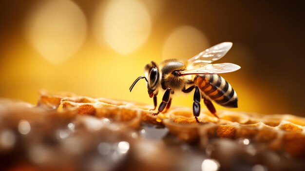 Nature's Artistry CloseUp of a Yellow and Black Bee Gracefully Soaring Above Golden Organic Honey