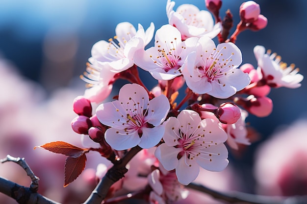 晴れた空の下で春の花が咲き、自然の美しさが目覚めます