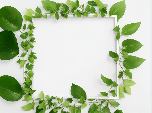 Nature's border green leaves frame on white background in flat lay