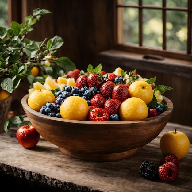 Nature's Bounty Fresh Fruit Bowl on Rustic Wood Table