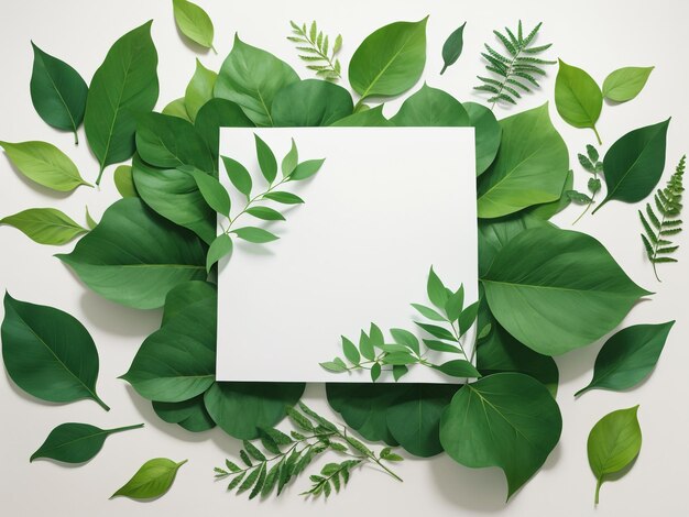 사진 녹색 잎 과 종이 로 만든 자연 의 캔버스 창의적 인 레이아웃