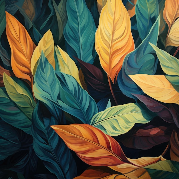 Nature's Chroma Captivating Leaf Patterns in Oil Paint Style