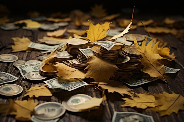 Nature's Currency A Captivating Autumn Still Life of Paper Money and Tree Leaves