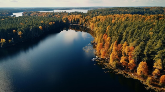 Циклы природы Спокойное озеро среди красочного леса