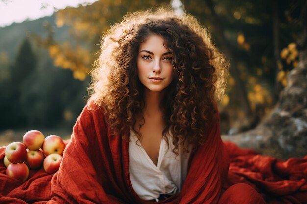 Nature's delight captivating curlyhaired girl enjoying an apple on a cozy blanket