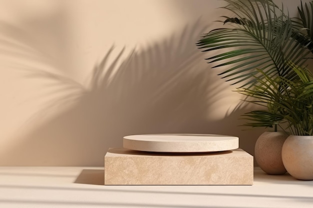 Nature's Elegance Enhance Your Product with Beige Stone Grey Podium Tile and Tropical Plant Shado