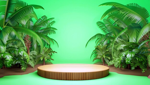Nature's Elegance Houten Podium Temidden van Weelderig Tropisch Bos in 3D-weergave Productpresentatie Een samensmelting van elegantie en natuurschoonheid