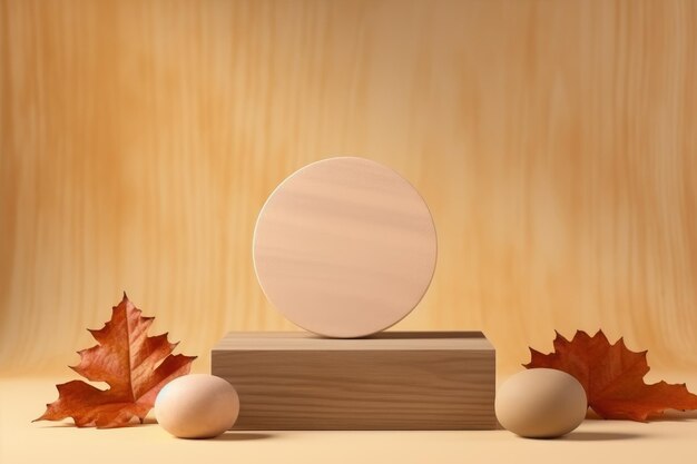 Nature's Elegance Organic Wooden Products Showcased on Beige Background with Autumn Leaves Composit