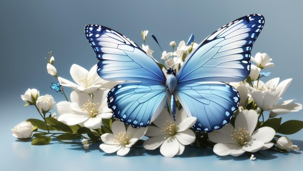 자연의 우아함 흰 꽃 위의 사실적인 푸른 나비