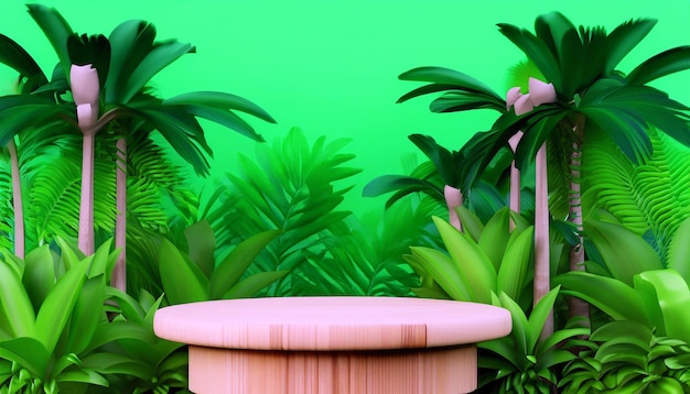 Photo nature's elegance wooden podium amidst lush tropical forest in 3d rendering product presentation a fusion of elegance and nature's beauty