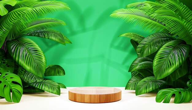 Nature's Elegance Wooden Podium Amidst Lush Tropical Forest in 3D Rendering Product Presentation A Fusion of Elegance and Nature's Beauty