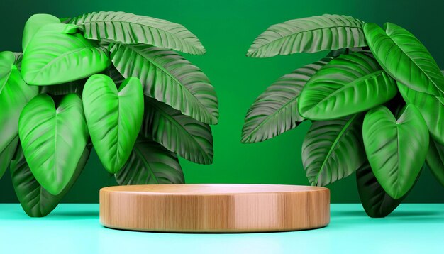 自然の優雅さ 緑豊かな熱帯林に囲まれた木製演台 3D レンダリングによる製品プレゼンテーション 優雅さと自然の美しさの融合