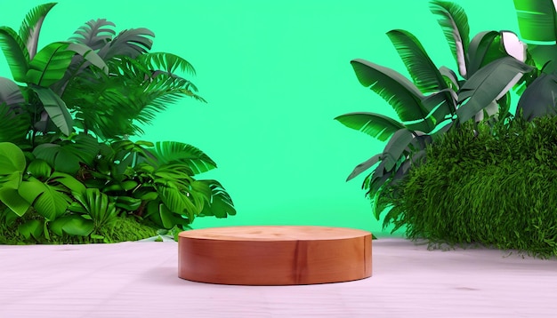 Деревянный подиум Nature's Elegance среди пышного тропического леса в 3D-рендеринге. Презентация продукта. Слияние элегантности и красоты природы.