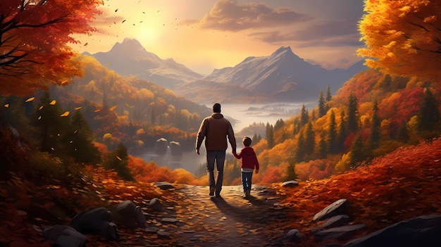 Nature's embrace father and child walking through on a winding path in a vibrant autumn forest
