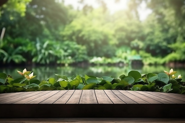 Nature's embrace inspiring wooden floor and lake backdrop for packaging product presentation