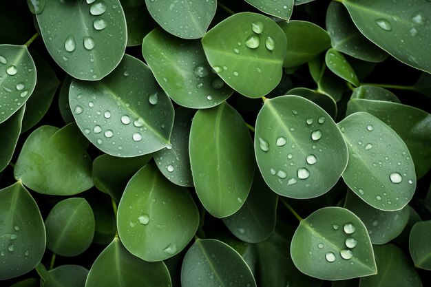 Nature's enchanting canvas eucalyptus leaves raindrops dance in a serene flat lay