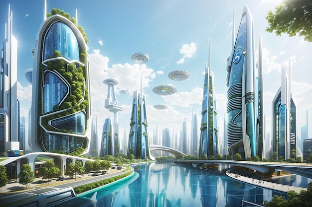 自然と未来的な大都市との出会い 調和のとれた共存のビジョン