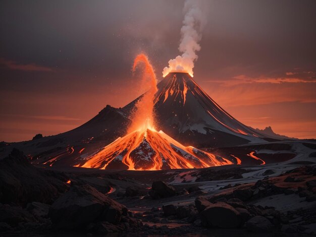 Foto il concetto di eruzione del vulcano nature's fury con flusso di lava