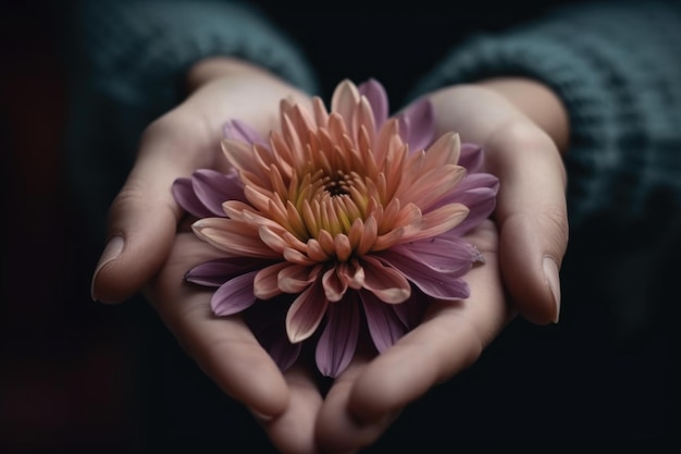Фото Дар природы крупный план рук, обнимающих яркий цветок
