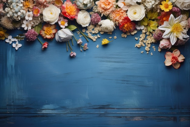 Nature's Palette Blossoming Garden Flowers on a Serene Blue Wooden Table