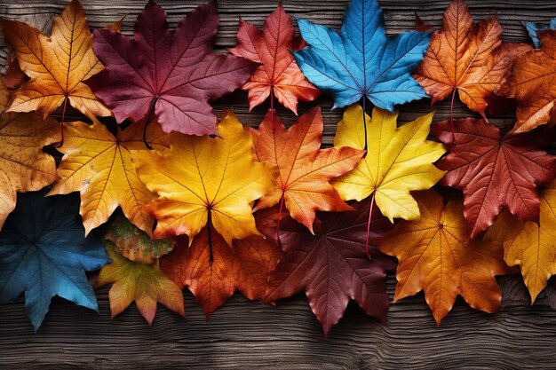 Nature's palette Colorful autumn leaves on wood