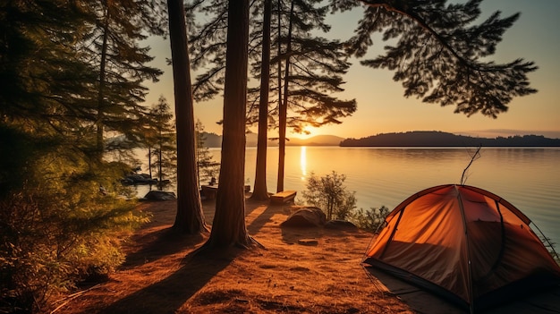 太陽に照らされた松の森と湖のそばの自然の楽園キャンプ 169 アスペクト比