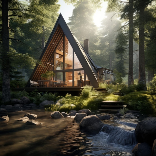 Photo nature's retreat a luminous aframe cabin set amidst a tranquil pine forest with a serene stream an