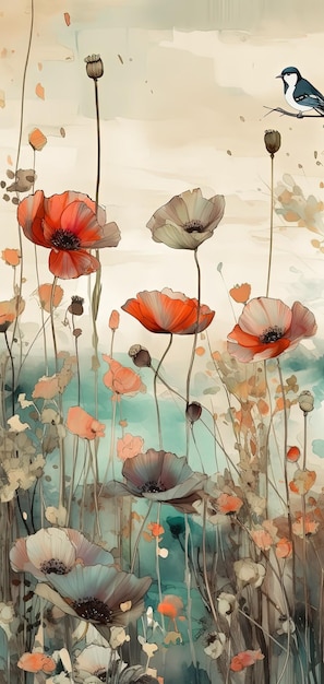 Nature's Serenade Vibrant poppies dance amidst a picturesque field embraced by the whimsical flutter of butterflies and the enchanting melodies of birds Generative Ai