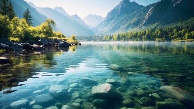 Nature's Serenity A Majestic Lake with Rocky Terrain and Lush Trees in the Foreground GenerativeAI