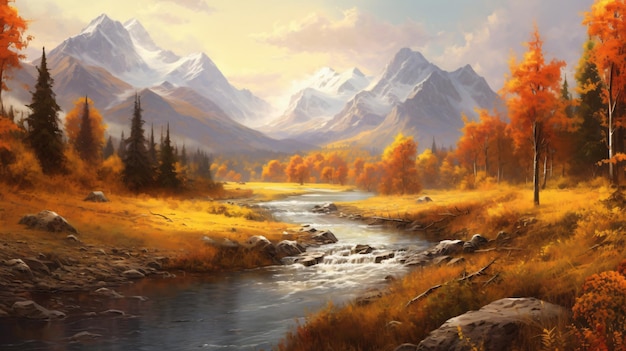 Nature's Symphony A Majestic Mountain Stream Flowing Through a Serene Valley with a Breathtaking Mountain Range in the Background Generativeai
